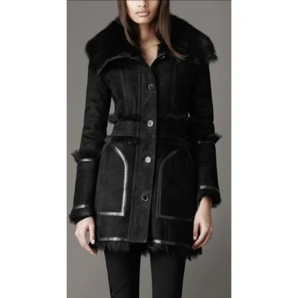 Burberry London Suede Black Funnel Collar Shearling Coat, 6